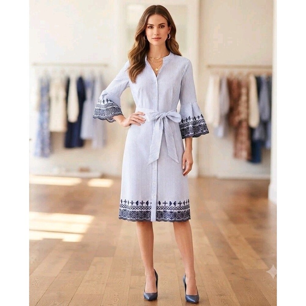 Cremieux Blue & White Striped Embroidered Button-Down Shirt Dress Size 6